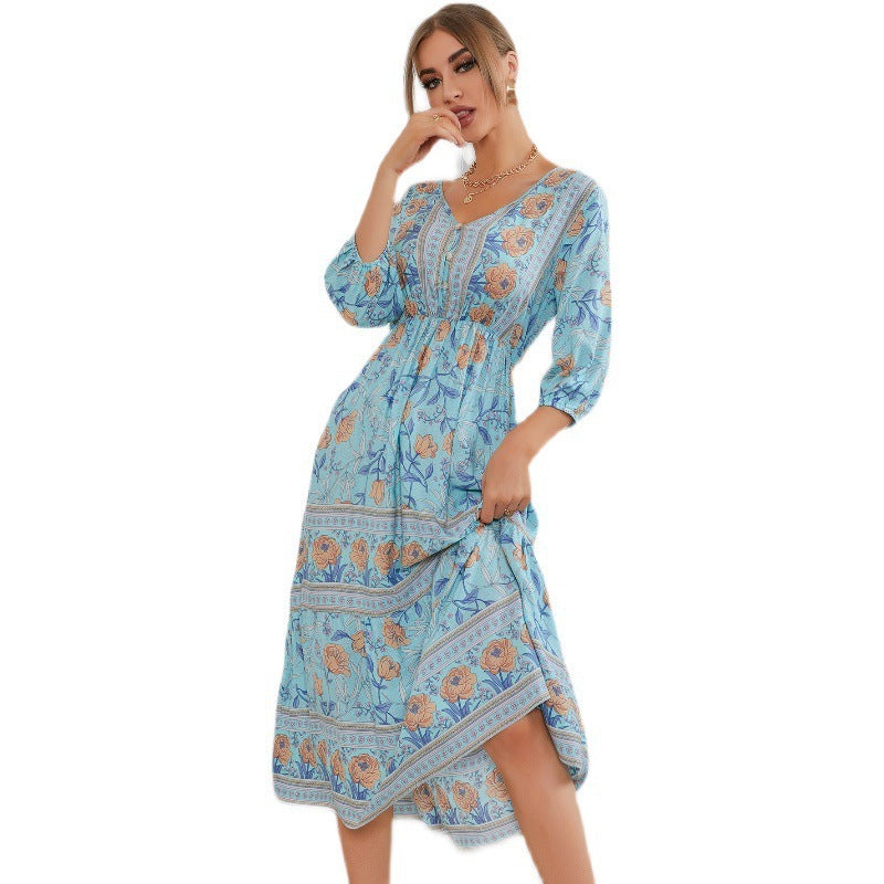 Bohemian V-neck Elastic Waist Three Quarter Sleeve Printed Maxi Dress