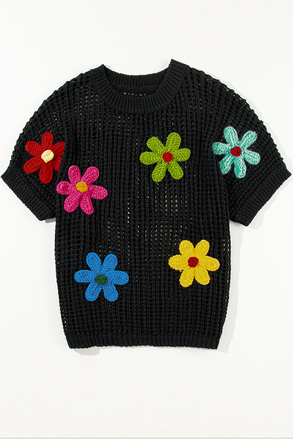 Black Crochet Flower Hollow-out Sweater T Shirt