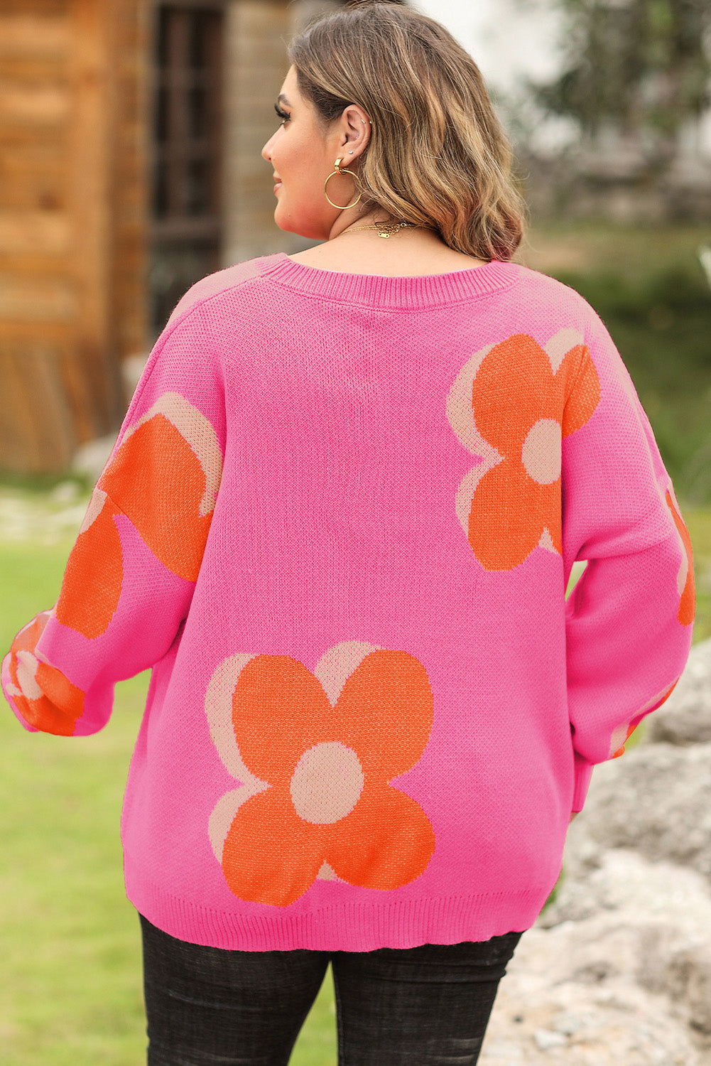 Camel Flower Pattern Slouchy Sweater