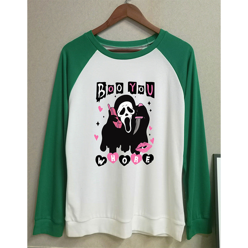 Boo You Horror Round Neck Long Sleeved Graphic Print Tee Shirts