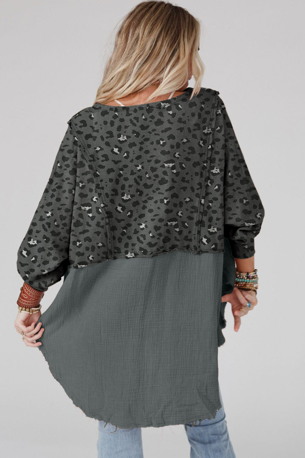 Gray Raw Edge Leopard Patchwork Oversized Blouse