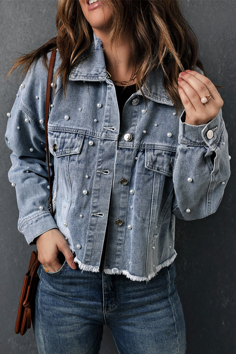 Sky Blue Pearls Beading Cropped Denim Jacket