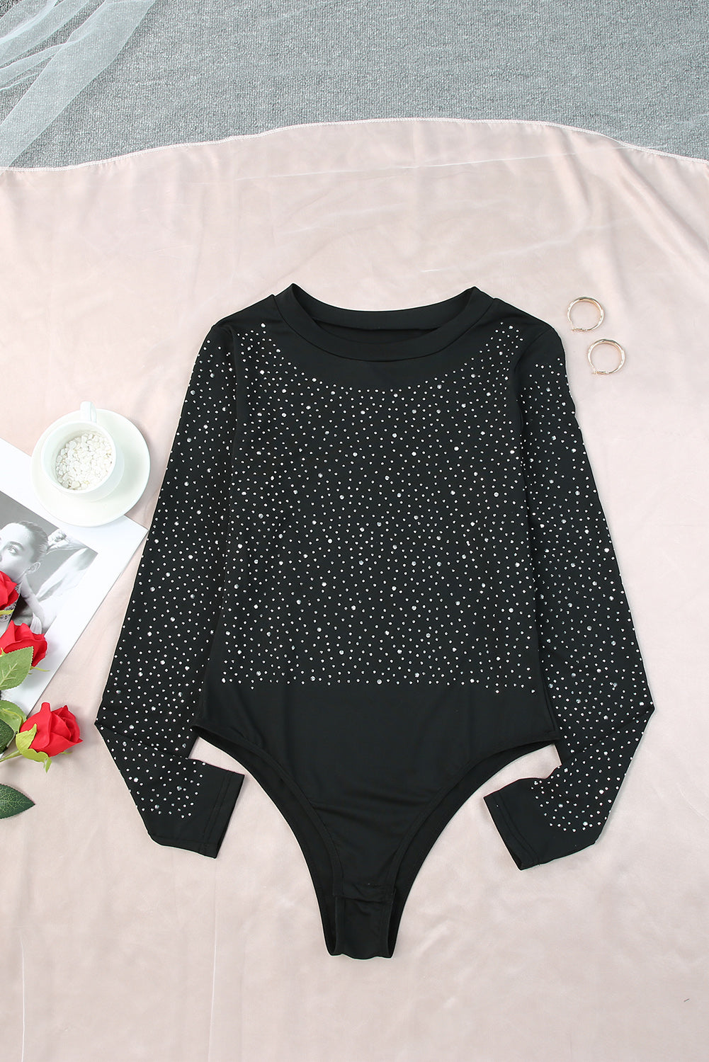 Teal Rhinestone Casual Slim Fit Long Sleeve Bodysuit