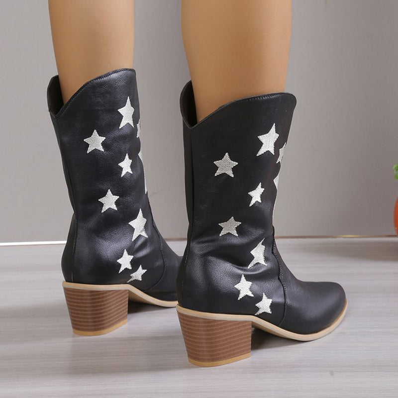 Women's Embroidered Star Pointed Toe Chunky Heel Western Cowgirl Boots