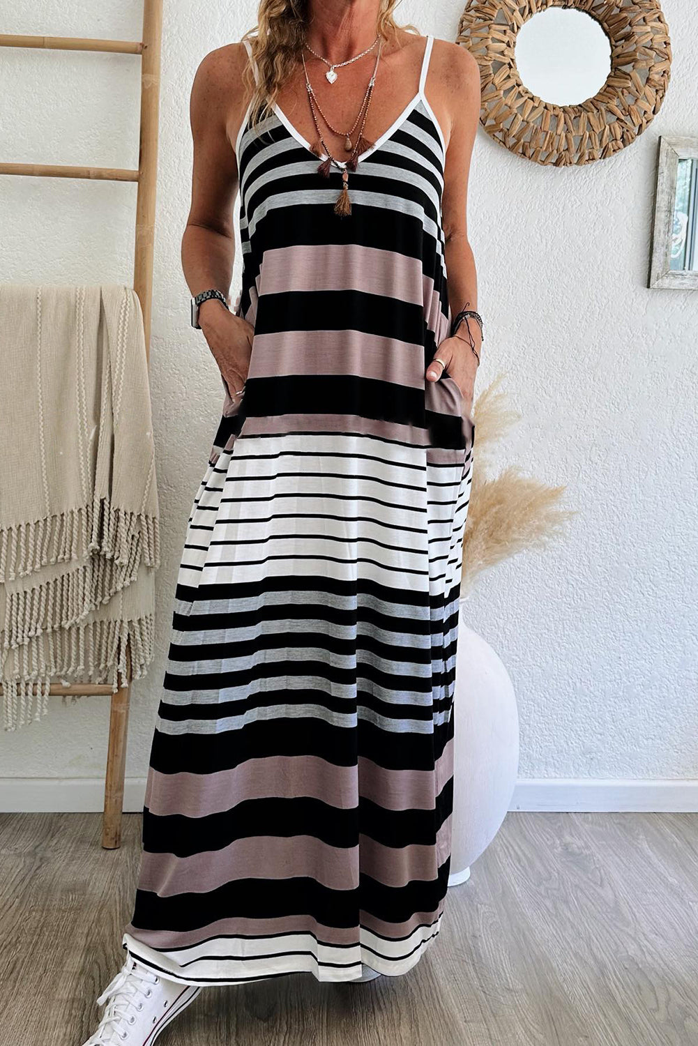 Multicolour Mixed Stripes Spaghetti Straps V Neck Maxi Dress