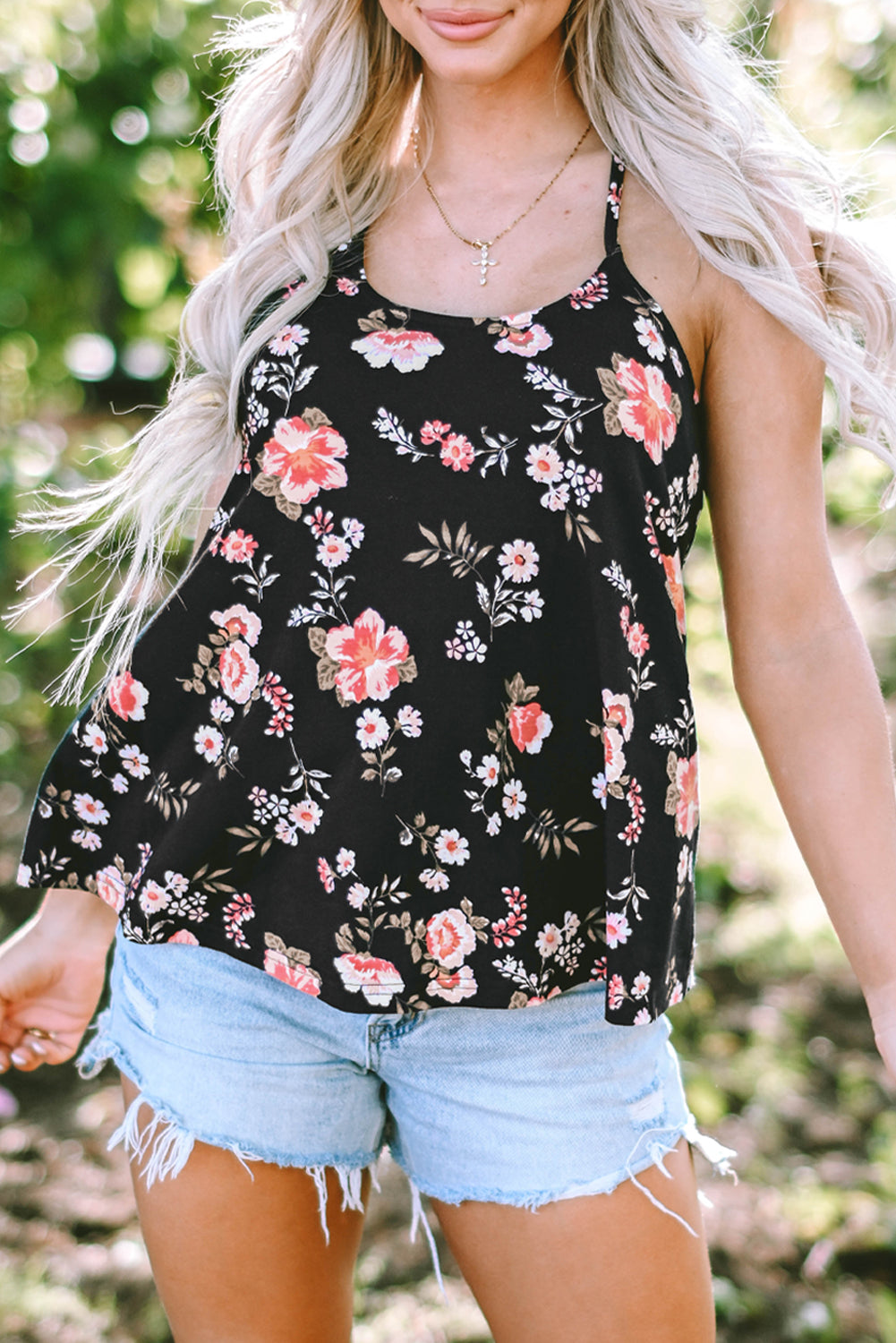 Beige Floral Spaghetti Straps Strappy Back Tank Top