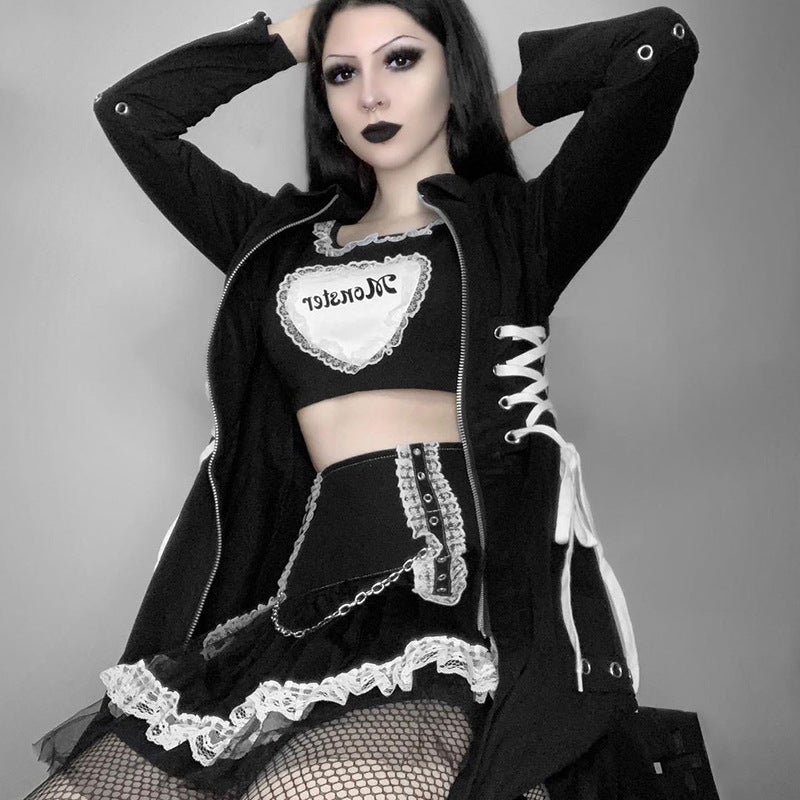 Goth Little Monster Black And White Lace Detailed Puff Sleeve Crop Top