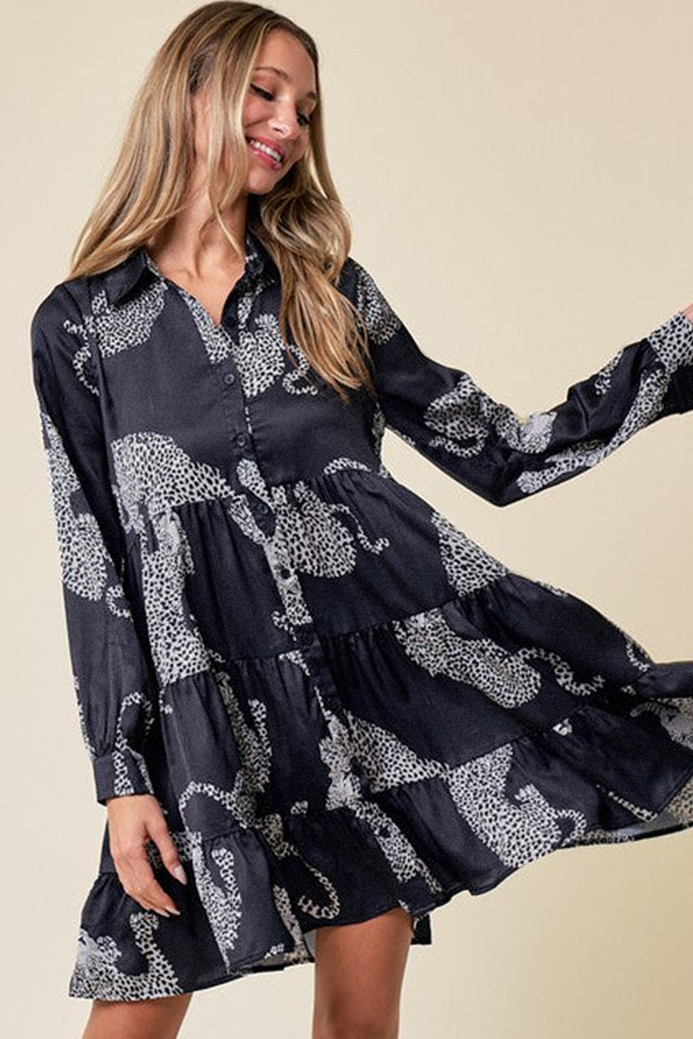 Blue Printed Zebra Pattern Pleated Shirt Tunic Dress