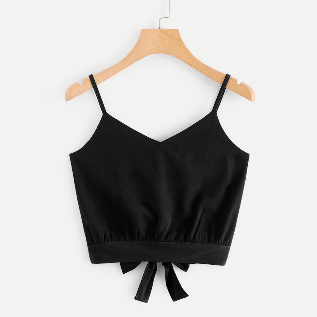 Adorable Trendy Spaghetti Strap Tie At Bottom Front Crop Top