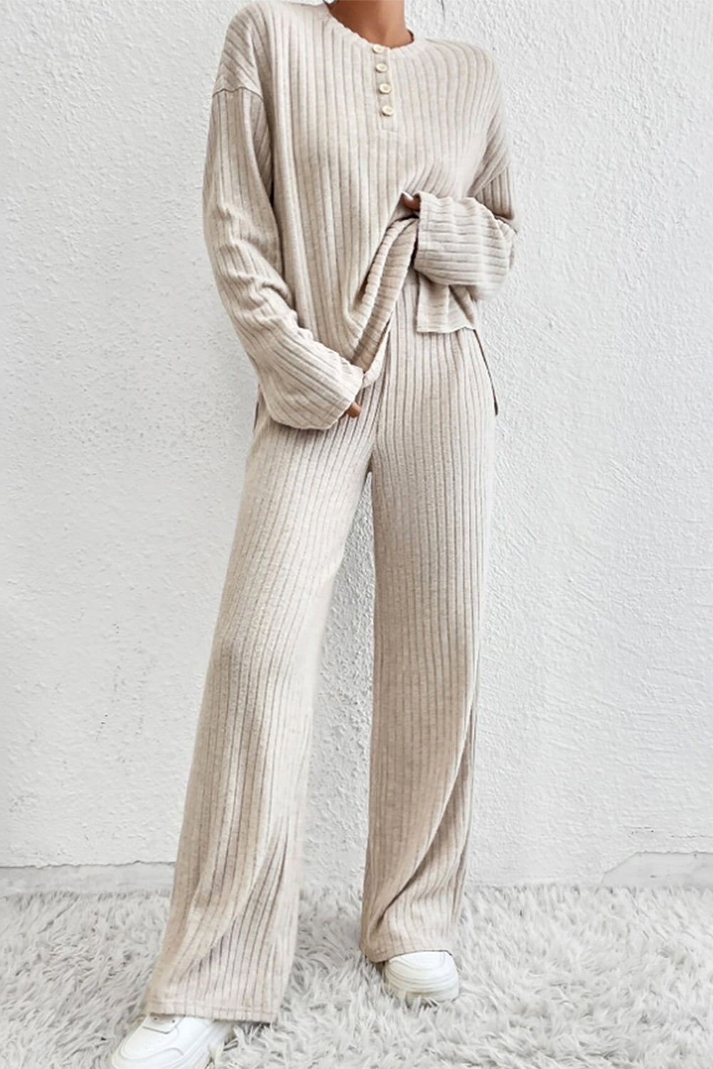 Khaki Ribbed Knit Bell Sleeve Crop Top Drawstring Pants Set