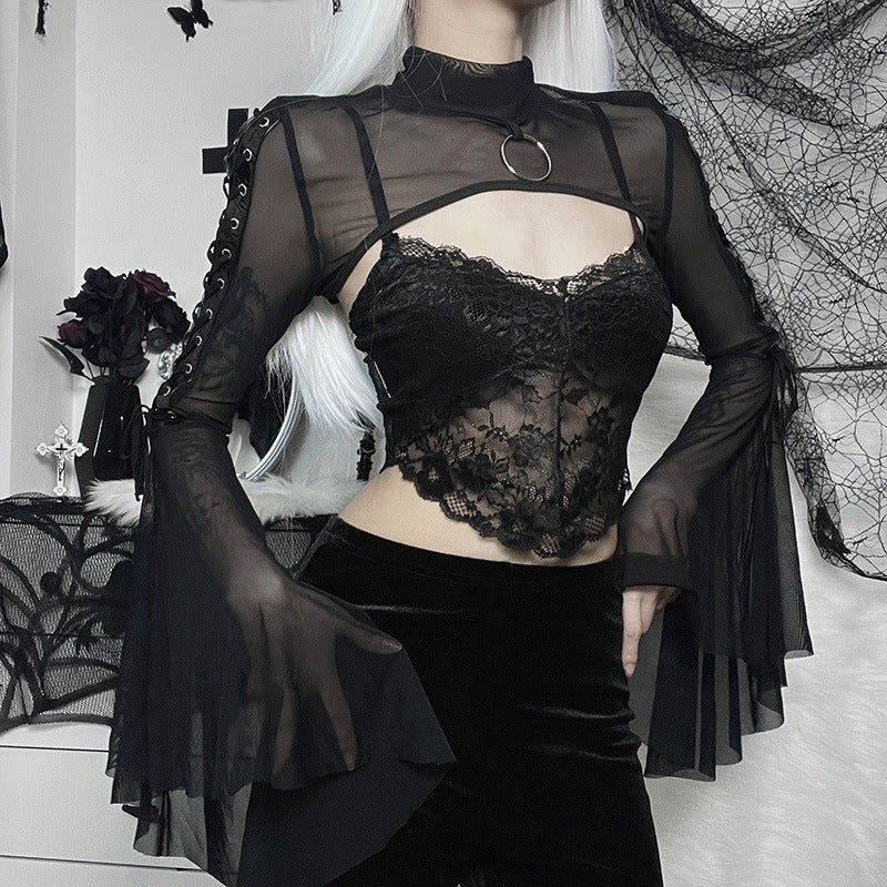 Dark Goth Style Half Turtleneck Bell Sleeve Ribbon Slim Fit Shrug Top