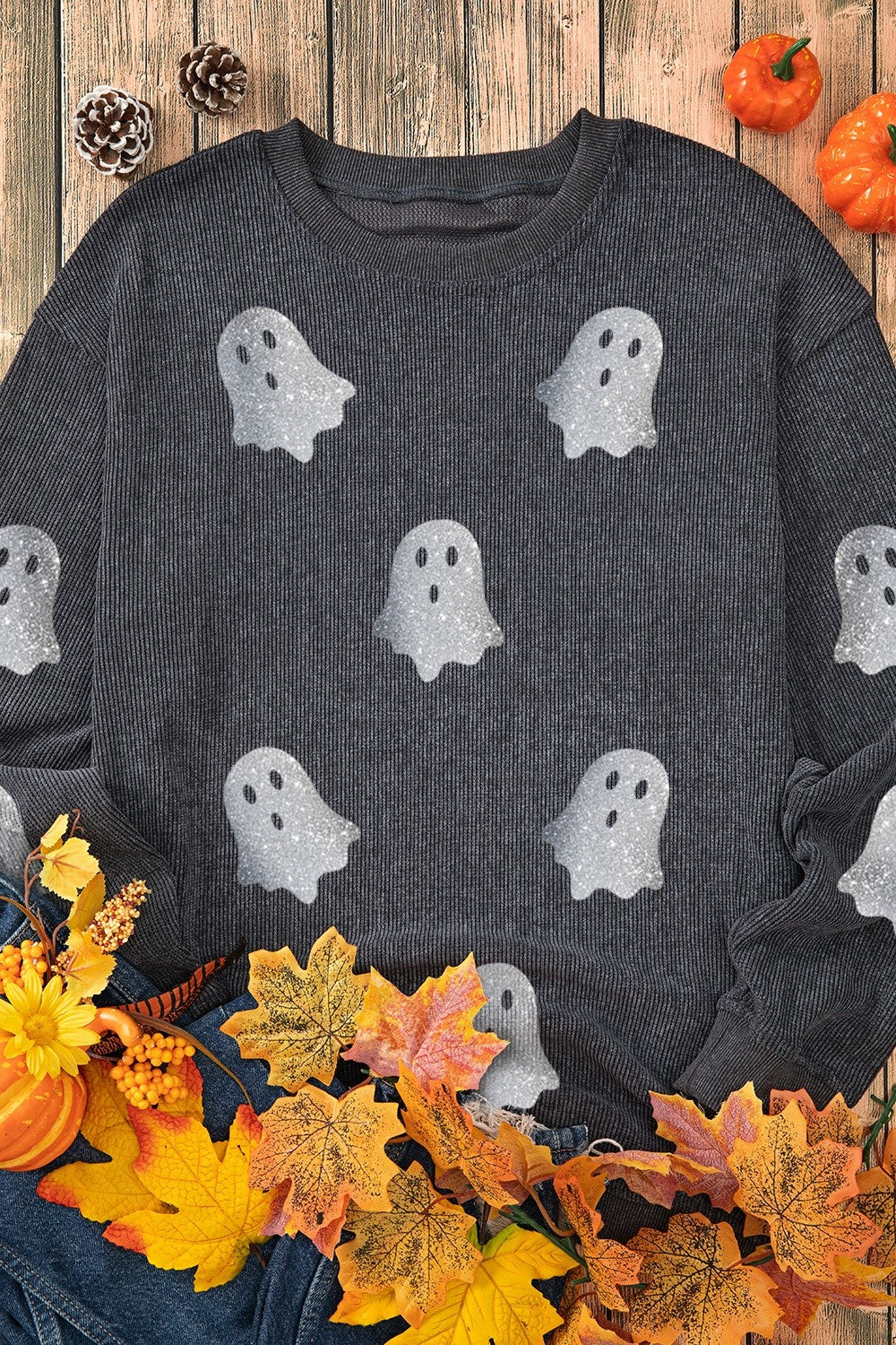 Glitter Ghost Round Neck Long Sleeve Sweatshirt