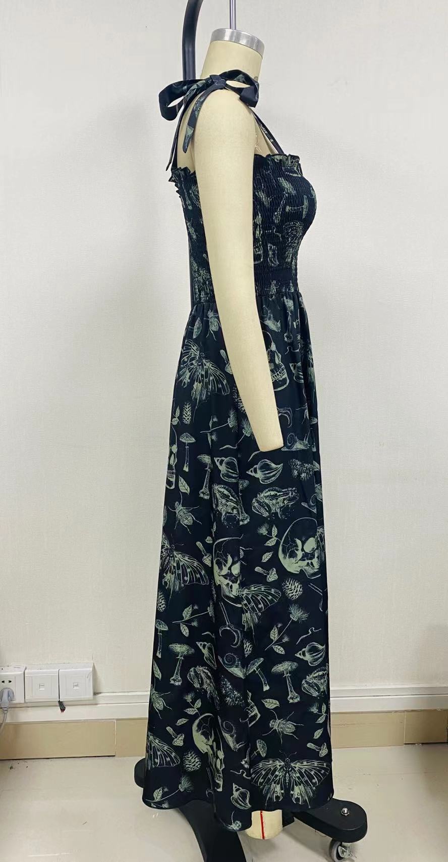 Witchcraft Skulls n Shrooms Boho Goth Tied Strap Rouched Maxi Dress