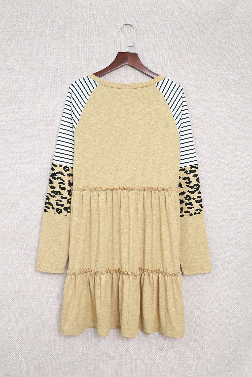 Black Striped Leopard Patchwork Pleated Long Sleeve Dress