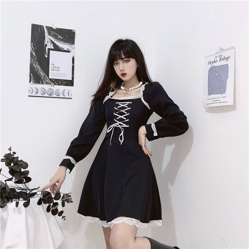 Dark Sailor Girl Ribbon Adorned Lace Up Delicate Lace Detailed Goth Rocker Dress