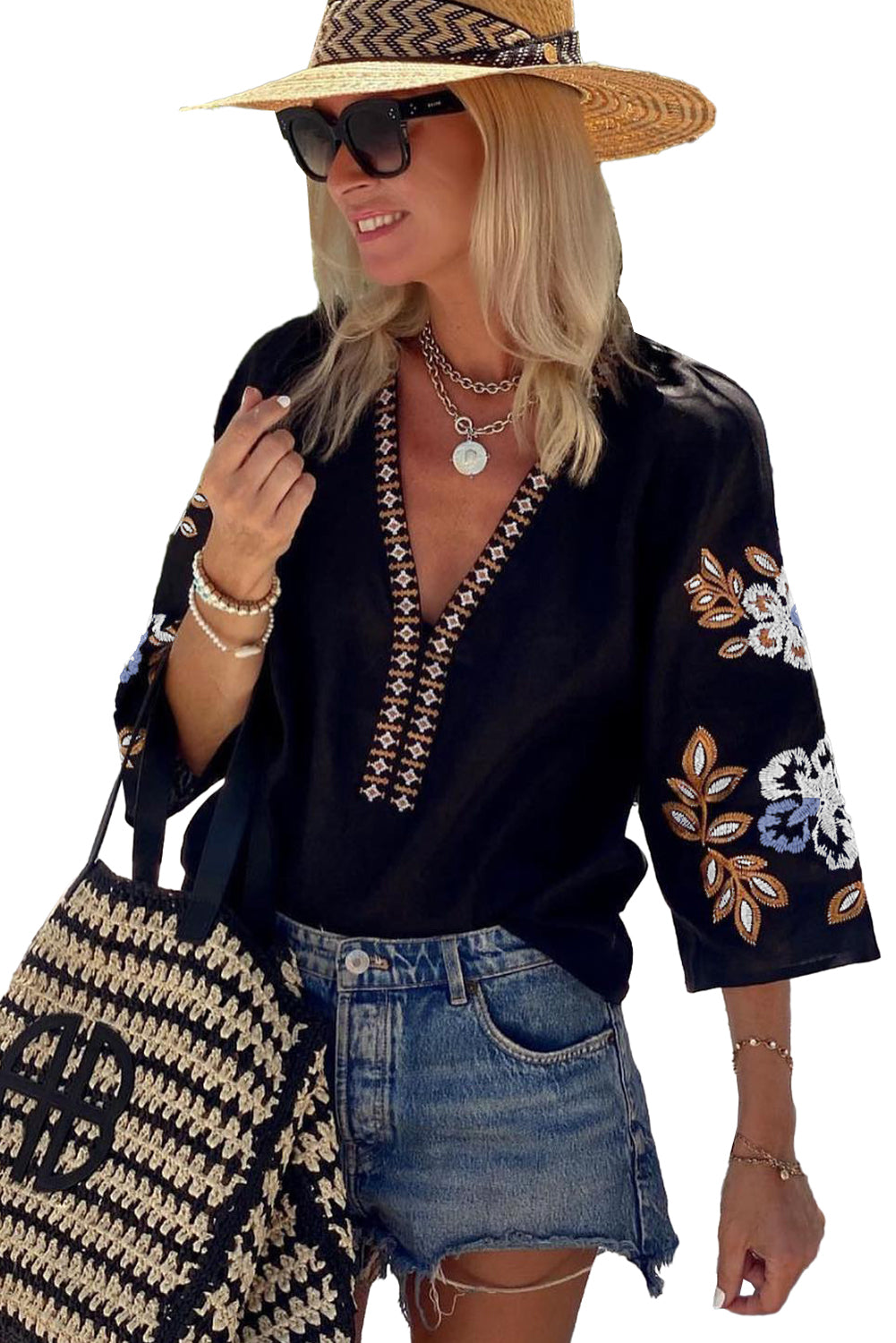 Black Floral Embroidered Sleeve Bohemian V Neck Blouse