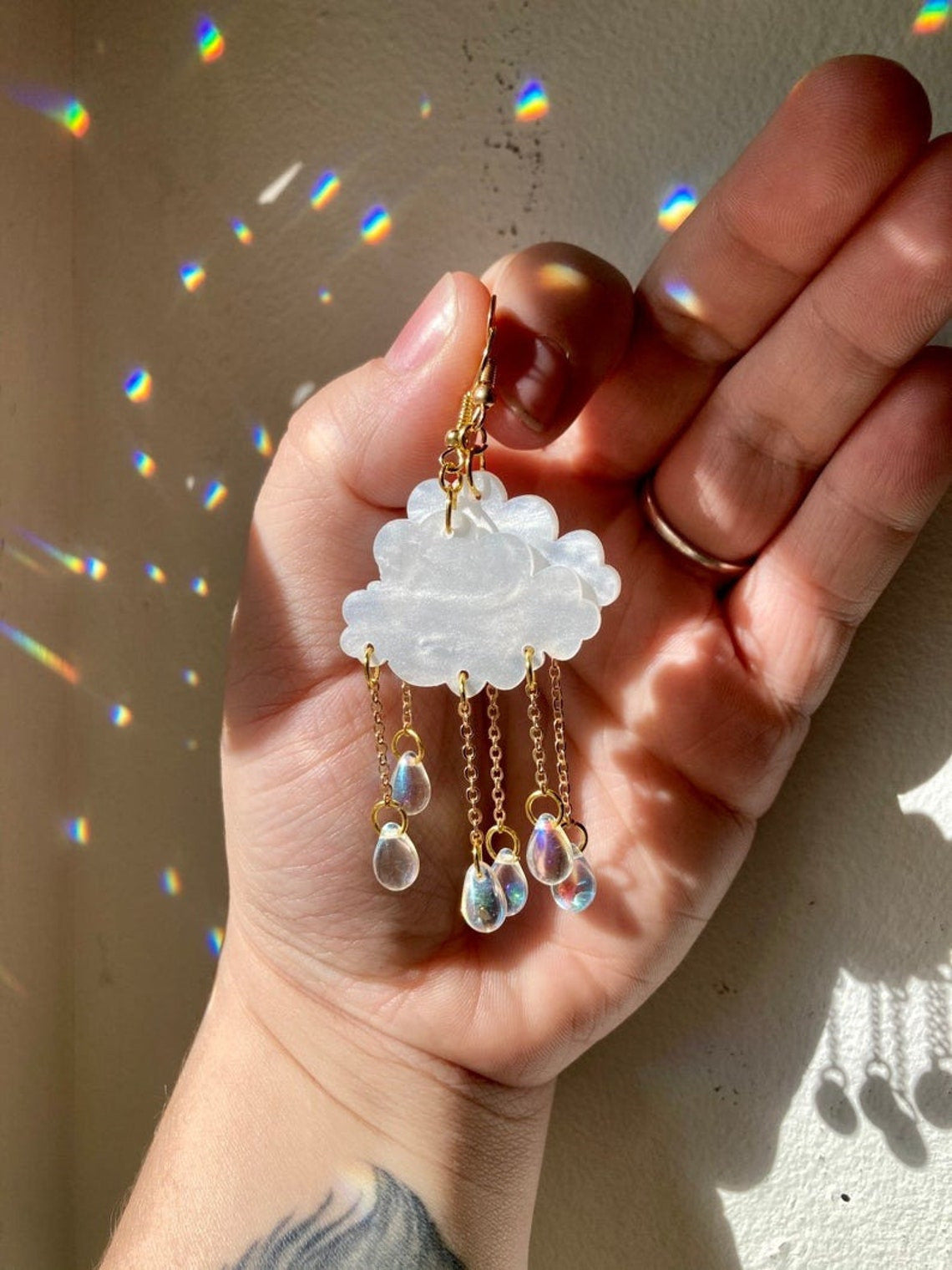 Creative Acrylic Rain Cloud Earrings With Crystal Rain Drop Detail