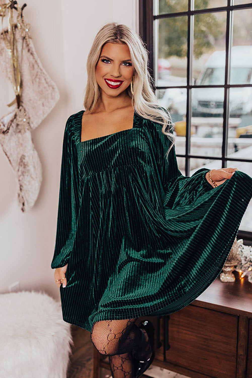 Green Square Neck Tie Back Ribbed Velvet Babydoll Dress