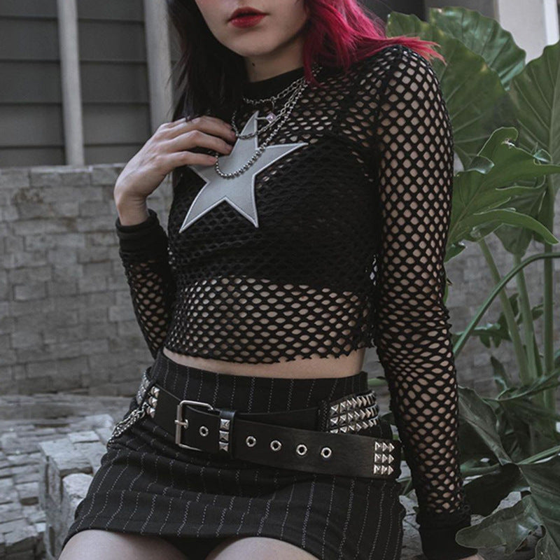 Hollow Mesh Star Long Sleeved Cropped Top Vintage Top