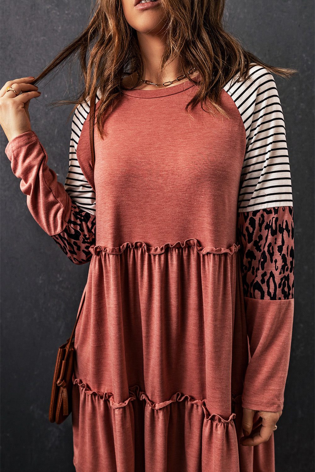 Multicolor Striped Leopard Raglan Sleeve Textured Dress