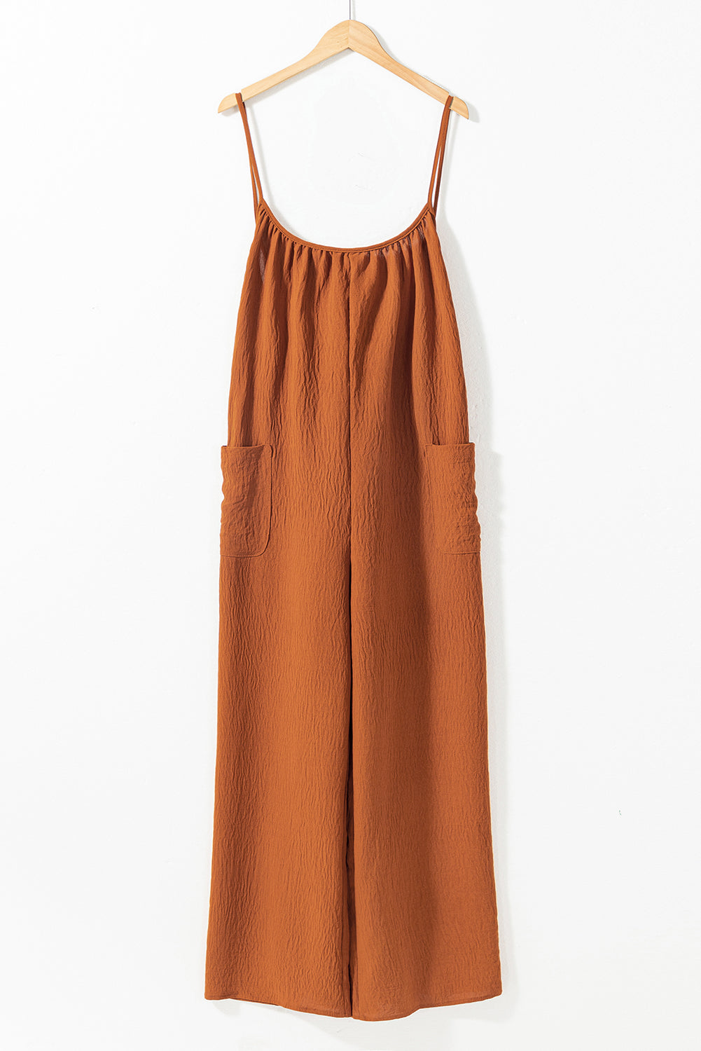 Apricot Spaghetti Straps Waist Tie Wide Leg Jumpsuit with Pockets