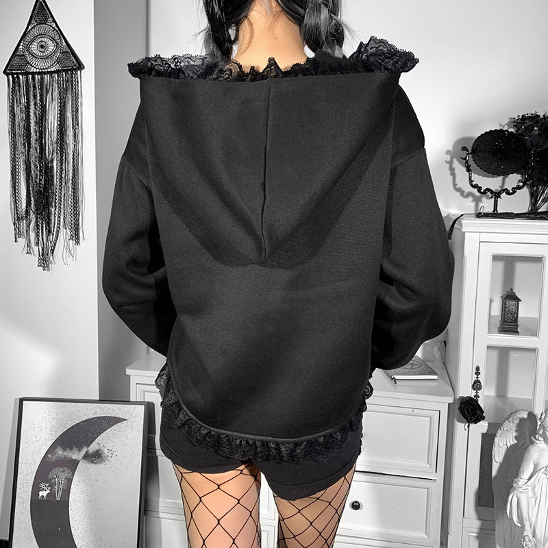 Women's Lost Soul Lace Trimmed Hooded Trendy Pastel Goth Printed Sweatshirt