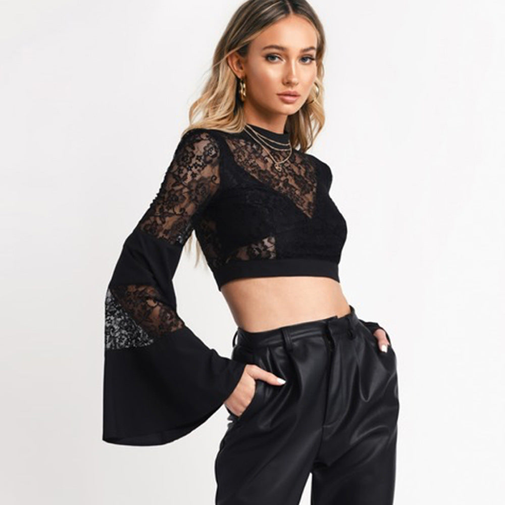 Round Neck Boho Lace Paneled Bell Sleeve Crop Top Festival Fashion