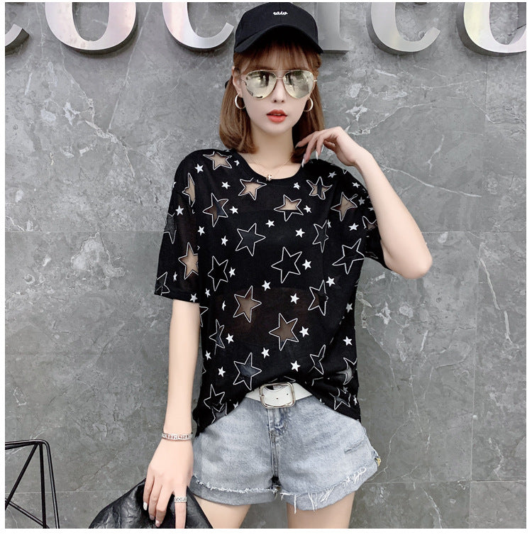 XINGX Loose Mesh Hollow Star Patterned Short Sleeve Sheer Shirts