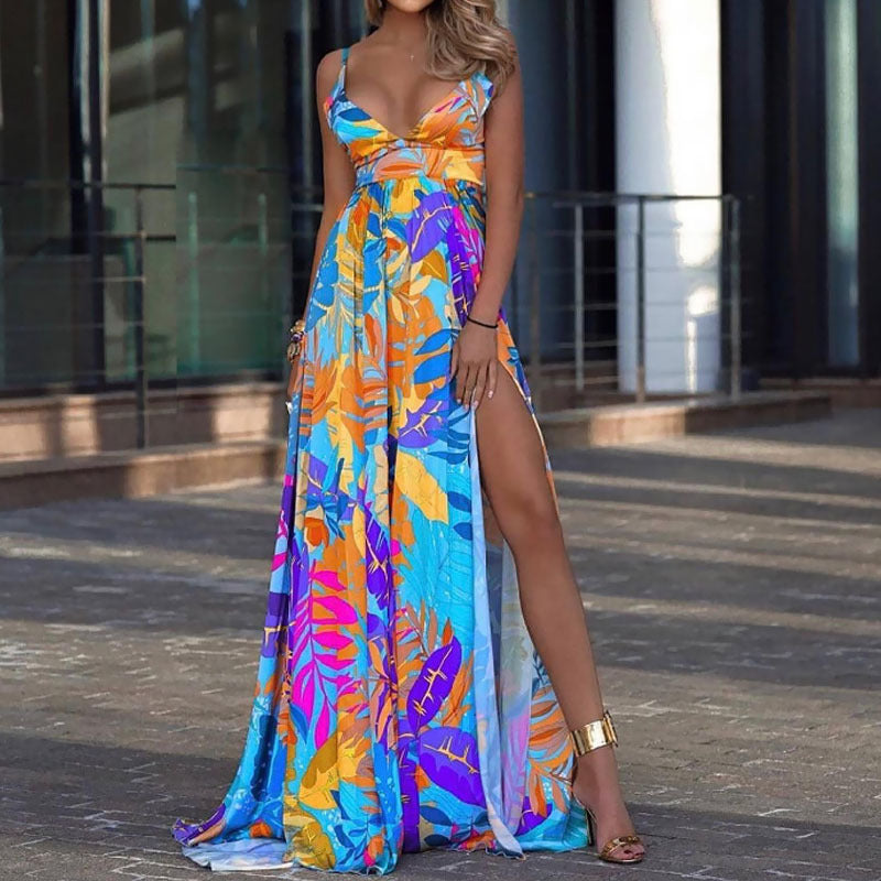 Leaf Four-way Stretch Bohemian V Neck Tank High Split Maxi Dress