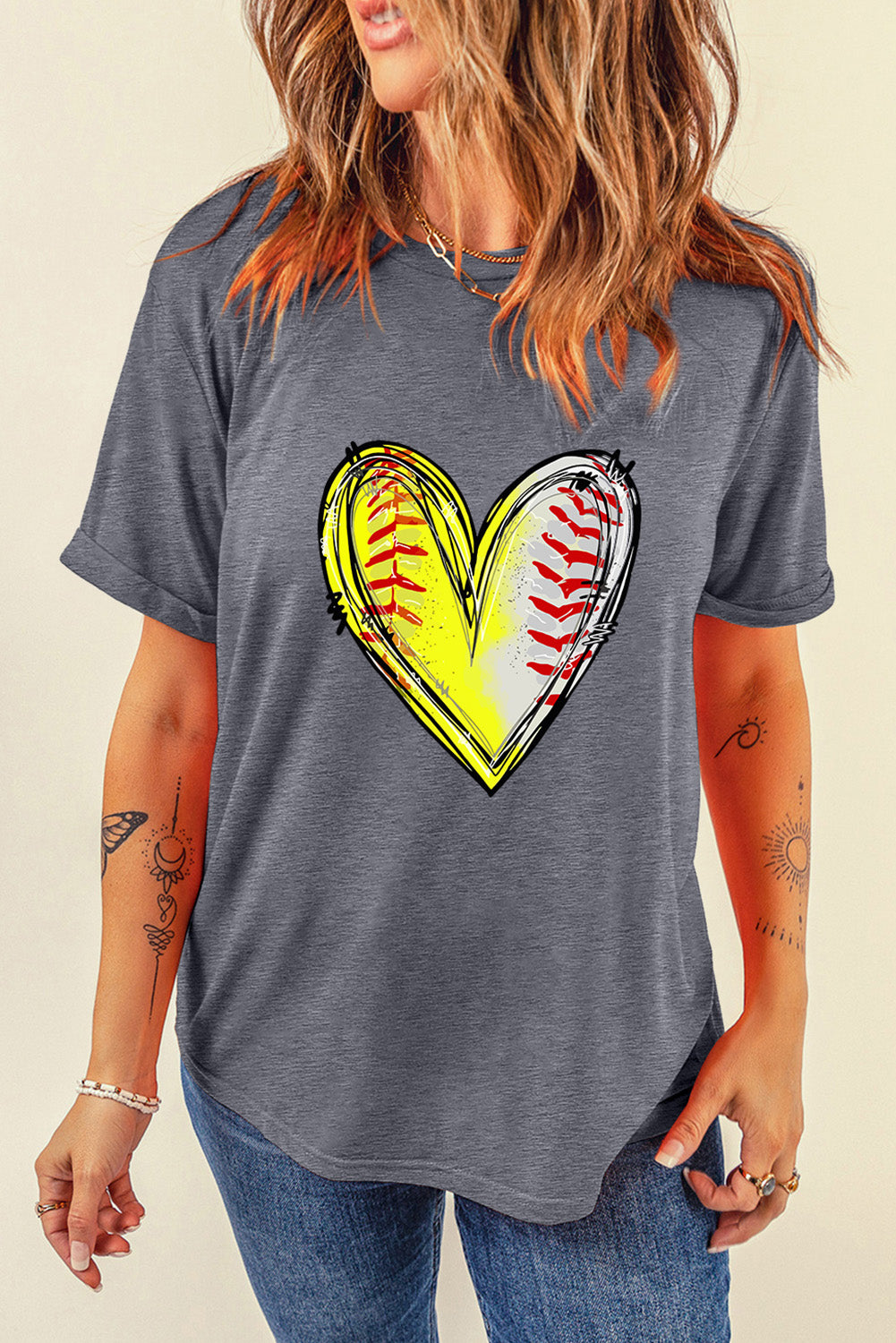 Gray Baseball Heart Shape Graphic Crew Neck T Shirt