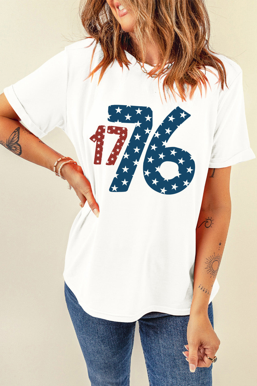 White Flag Day Star 1776 Graphic Crew Neck T Shirt