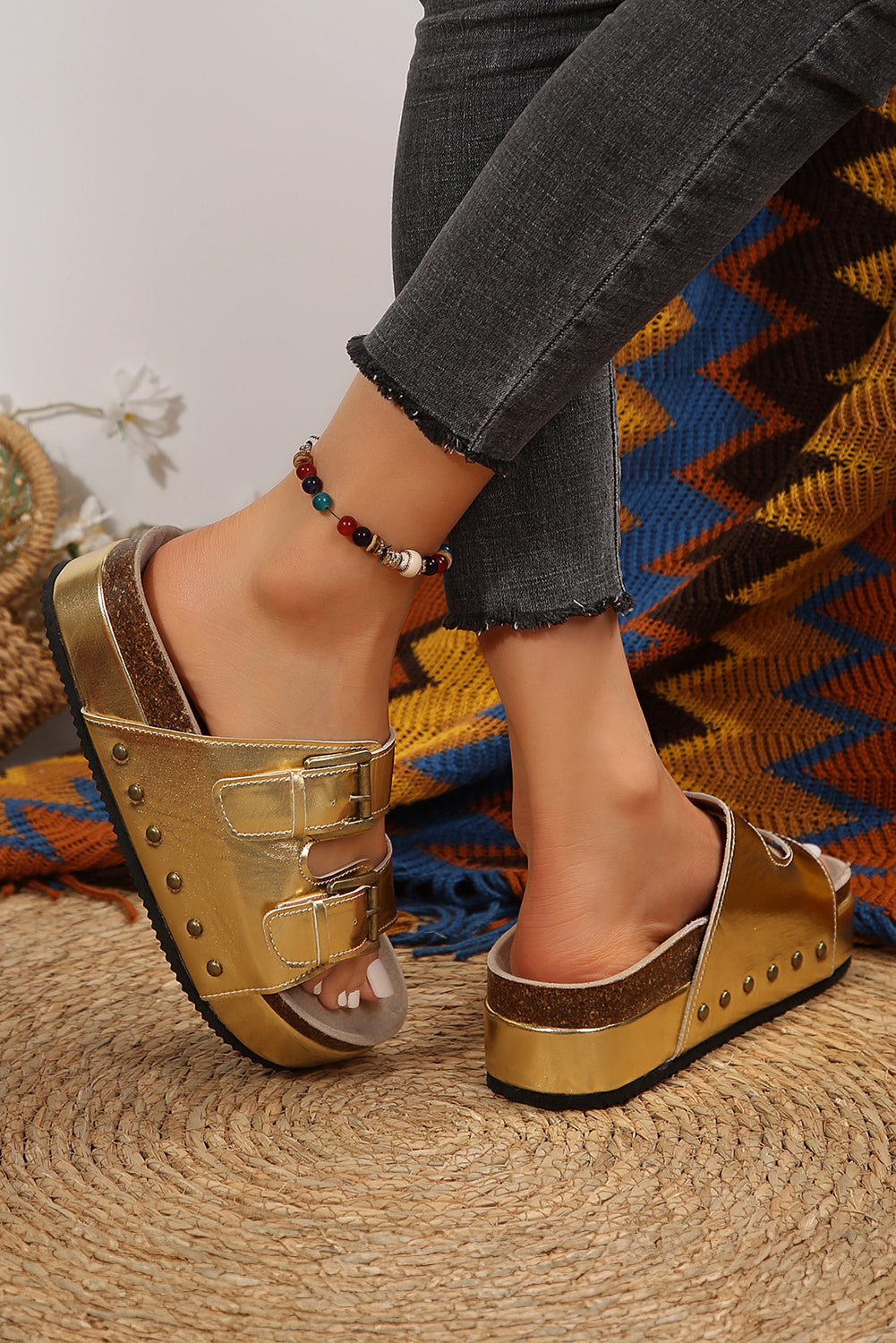 Gold Leather Metallic Dual Buckle Platform Sandals