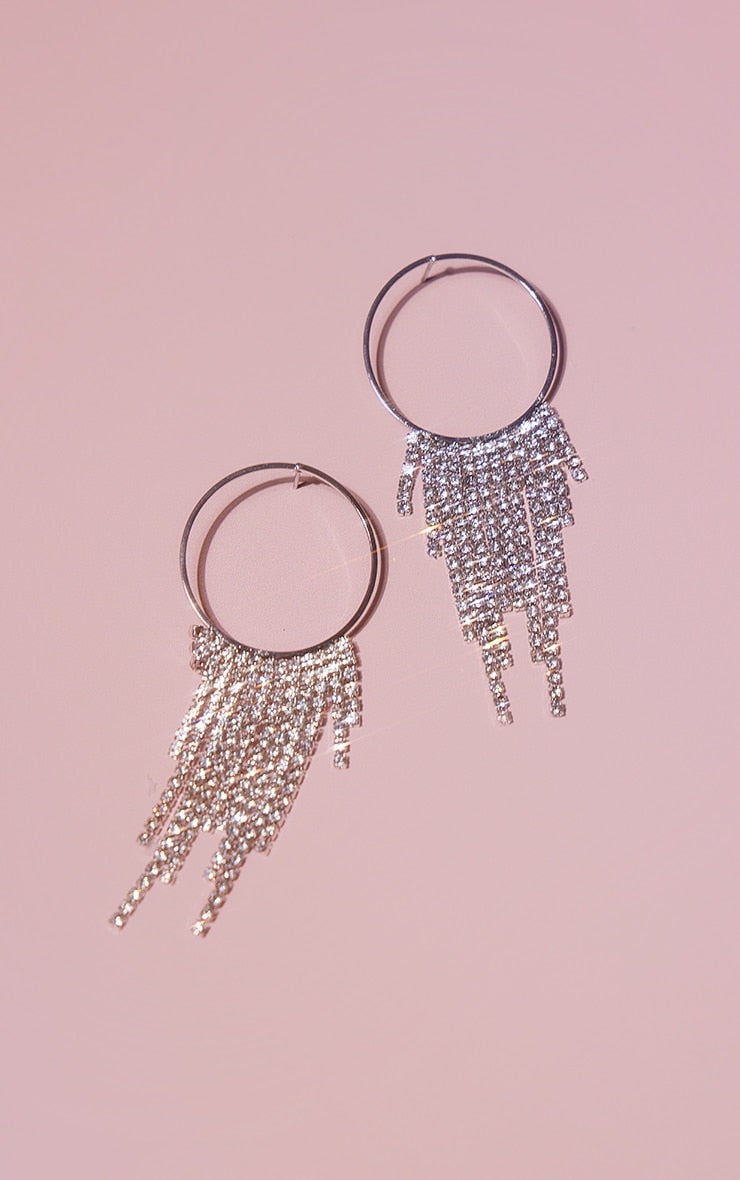 Silver Diamante Tassel Hoop Statement Earrings