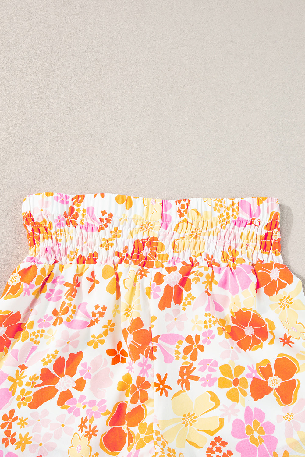 Orange Boho Floral Shirred High Waist Casual Shorts