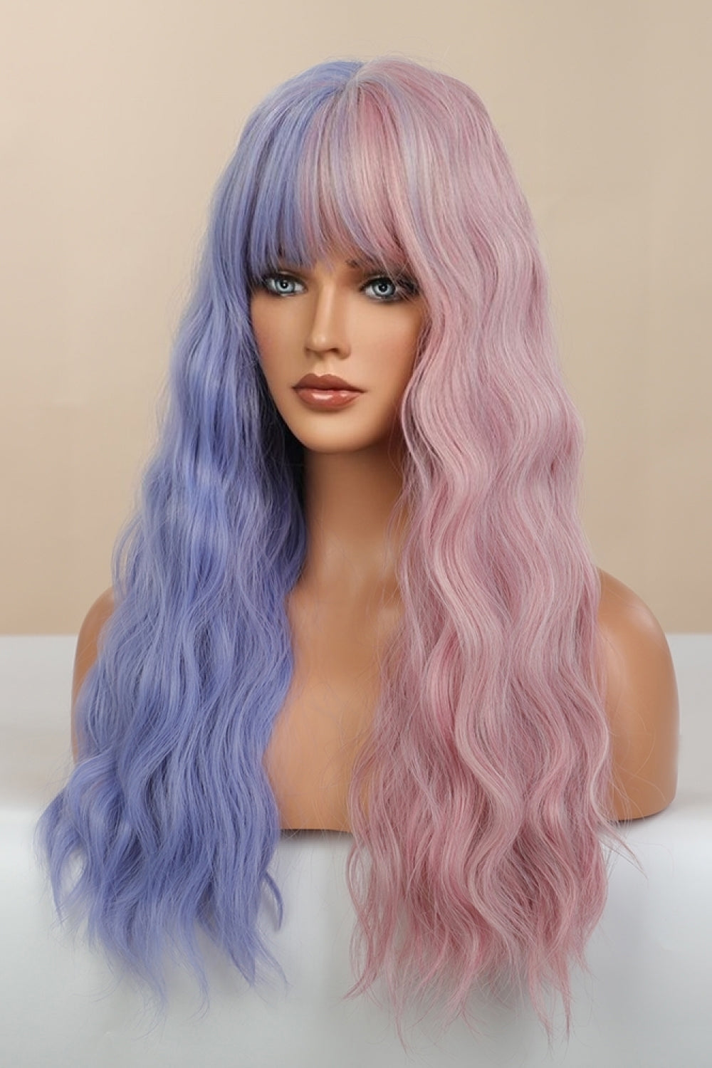 13x1 Full-Machine Synthetic Wig – Long Wavy 26-Inch with Blue/Pink Split Dye