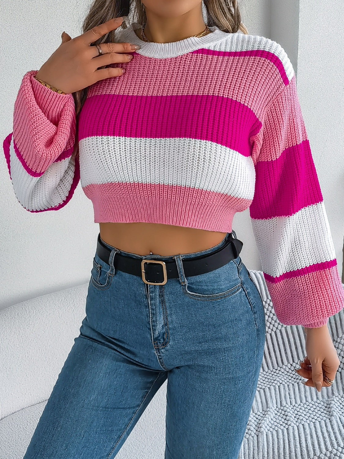 Striped Color Block Round Neck Cropped Sweater