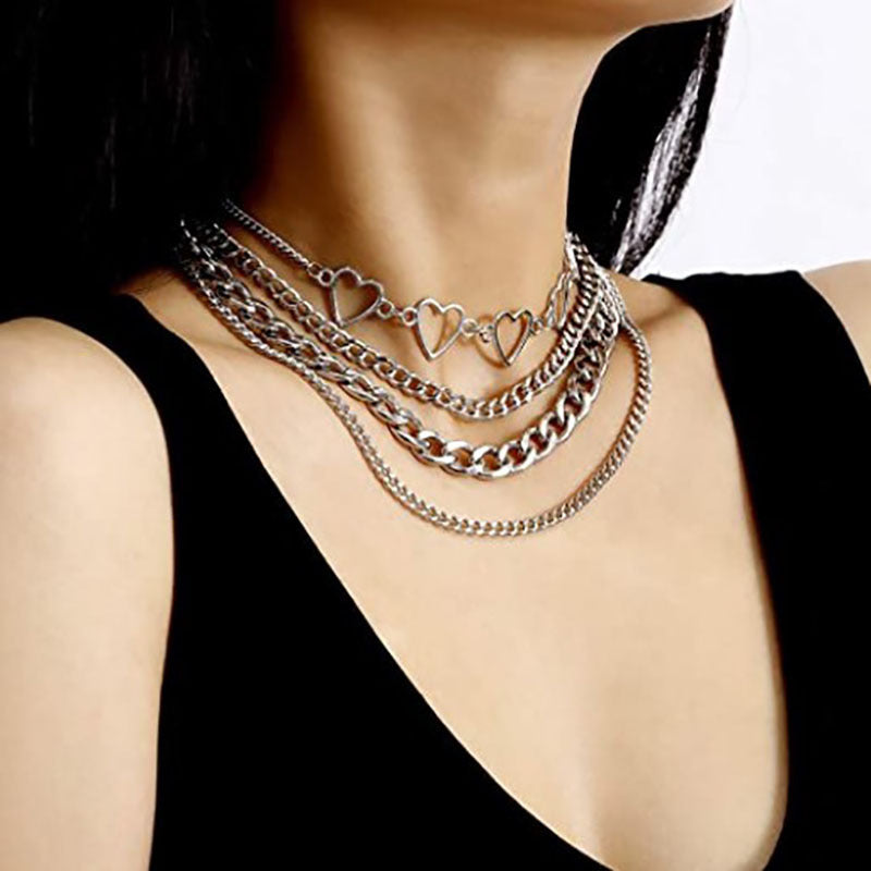 Geometrical Hollow Heart Layered Chain Necklace