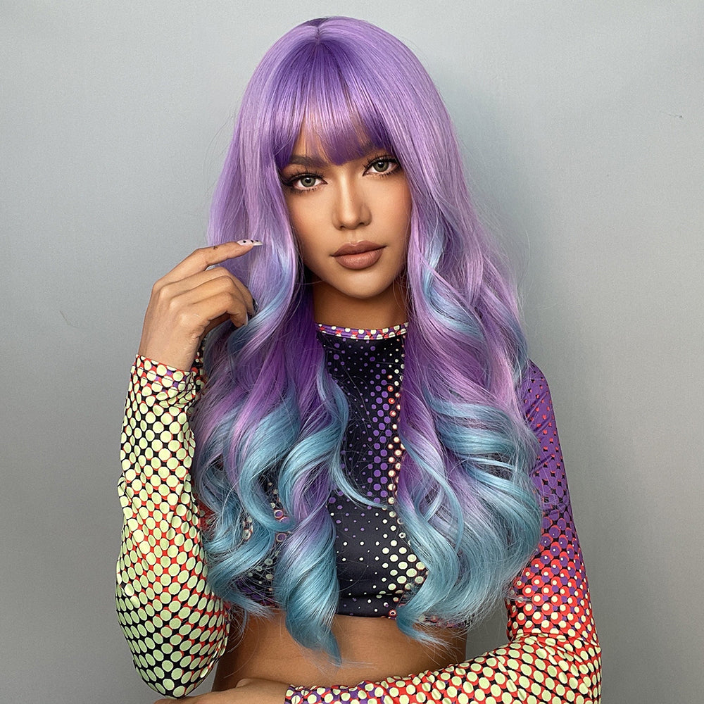 Cosplay Colored Wig With Long Curly Bangs Purple And Blue Gradient Hair