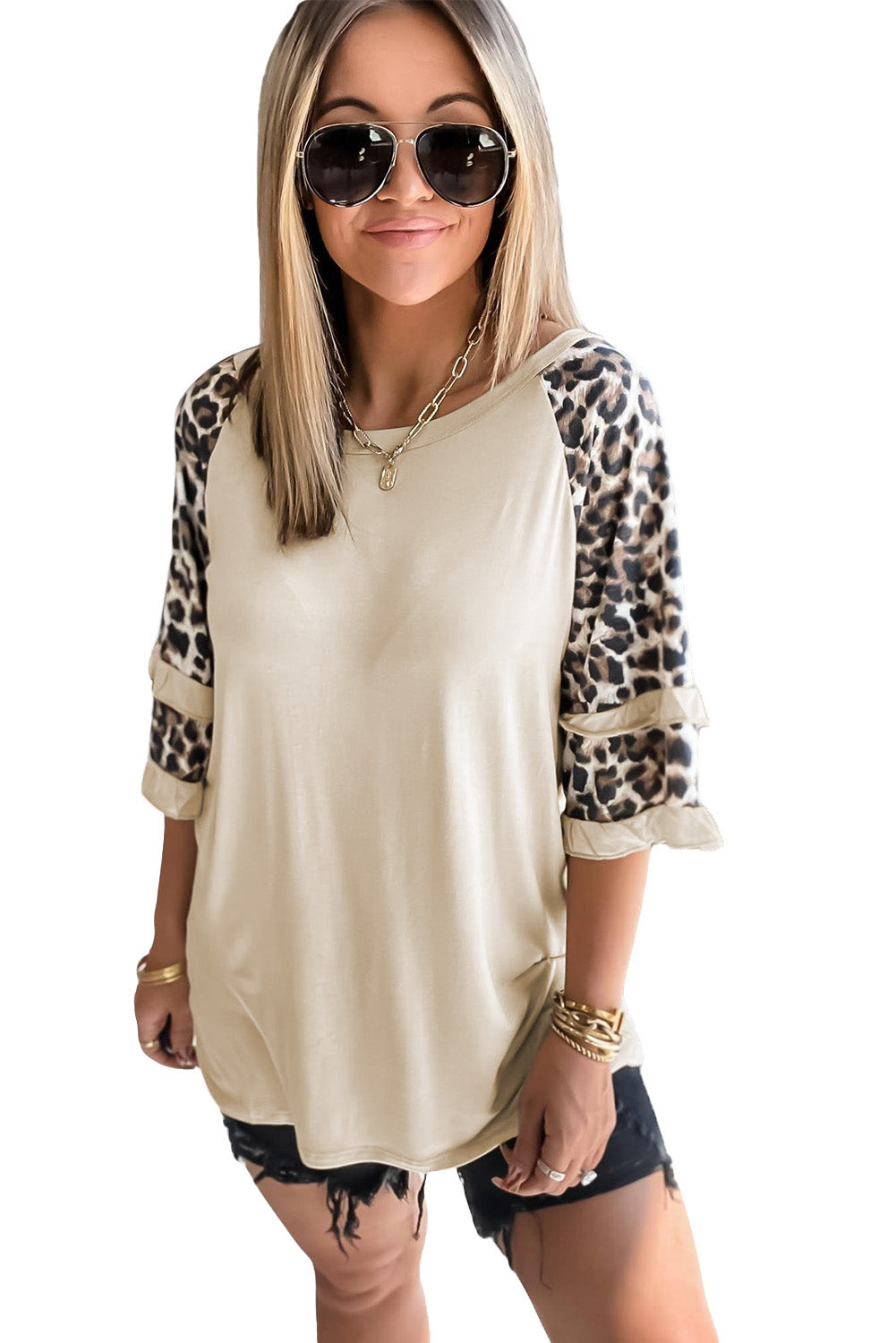 Black Casual Ruffled Leopard Sleeve Patchwork T-Shirt