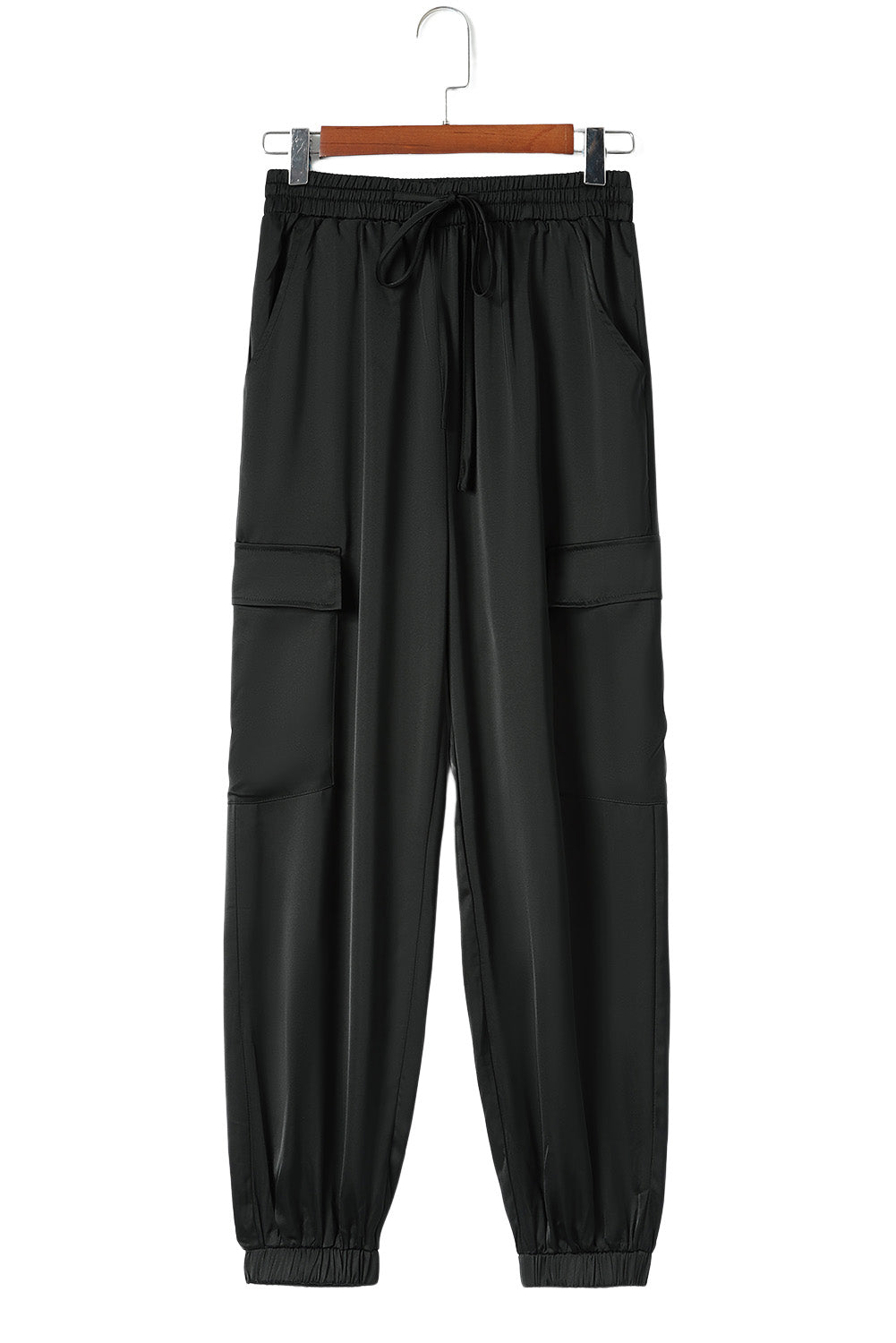 Black Satin Pocketed Drawstring Elastic Waist Pants