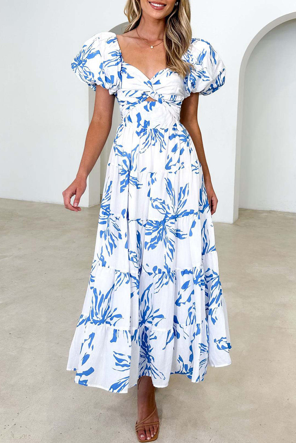 White And Blue Boho Floral Print Bubble Sleeve Maxi Dress