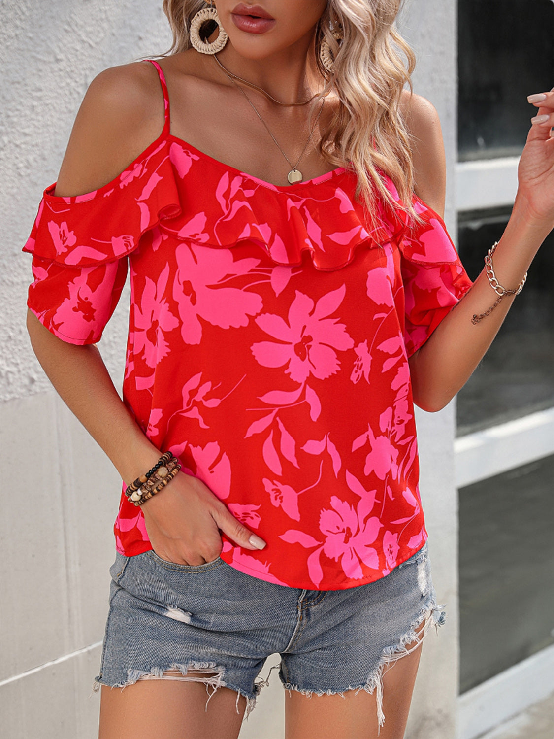 Ruffled Printed Short Sleeve Off Shoulder Blouse