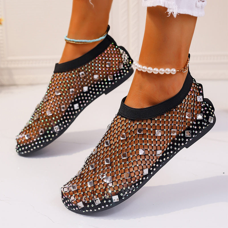 Fashion Mesh Flat Sandals With Colorful Rhinestone Design Round Toe Beach Shoes