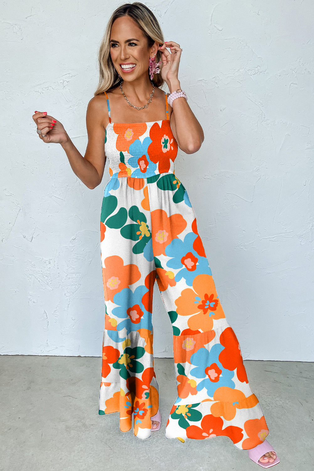 Orange Floral Spaghetti Straps Smocked Wide Leg Jumpsuit | Women’s Summer Fashion