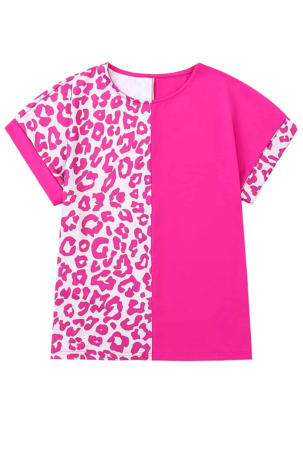 Rosy Leopard Print Top Color Block Rolled Up Sleeve Casual T Shirt