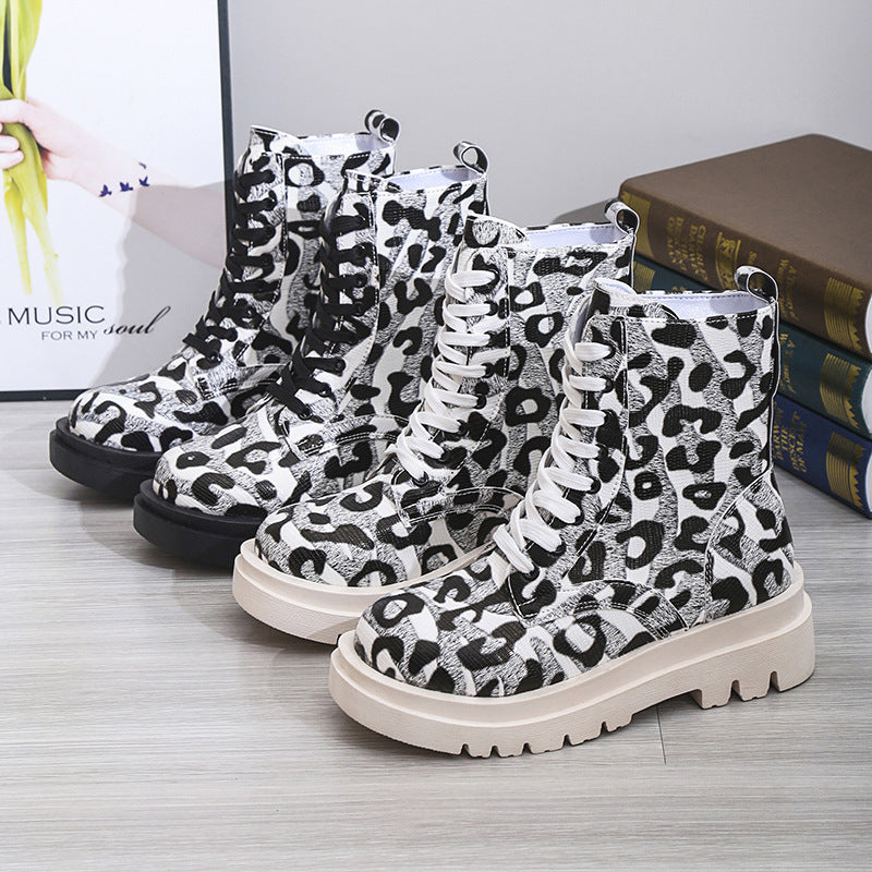 Women’s Black White Leopard Print Low Heel Boots