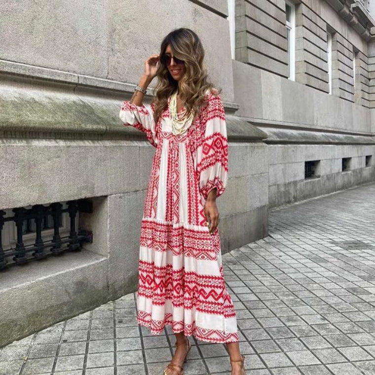 Summer Women's Vintage Printed Elegant Bohemian Casual Loose V-Neck Short Sleeve Long Maxi Dress