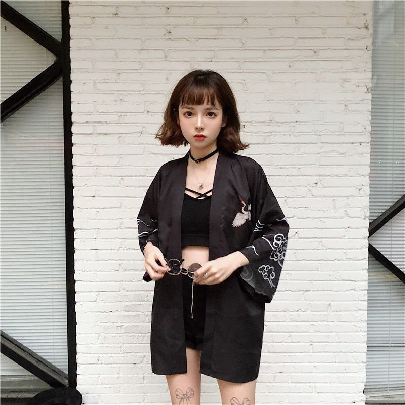 Japanese Style Kimono Jacket Crane Printed Back House Coat