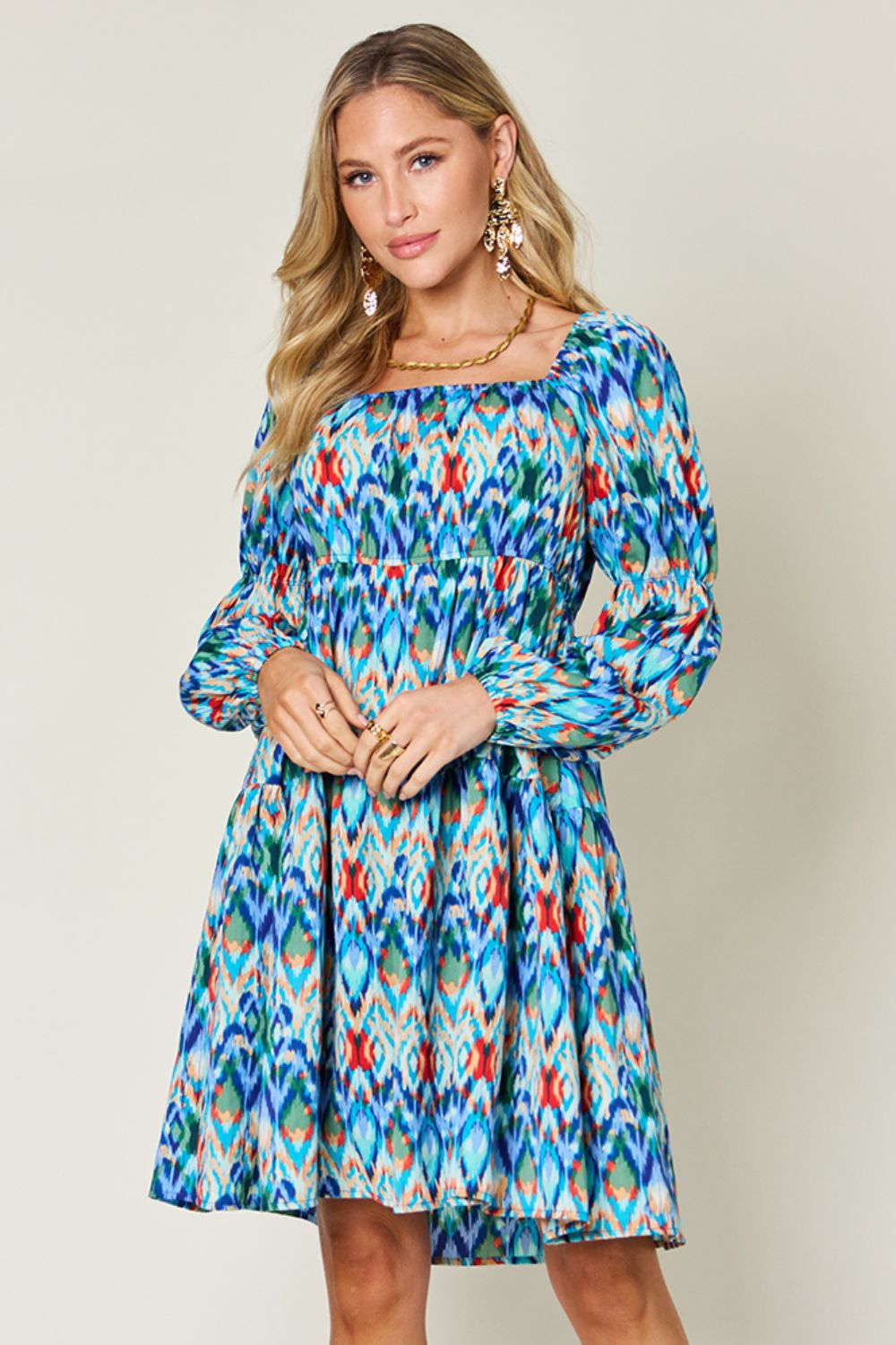 Double Take Full Size Printed Long Sleeve Dress