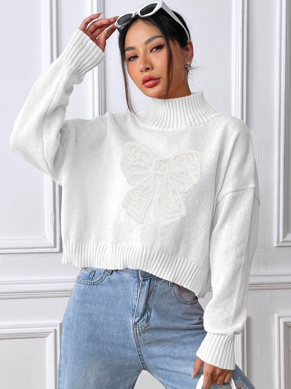 Lace Bow Turtleneck Long Sleeve Sweater